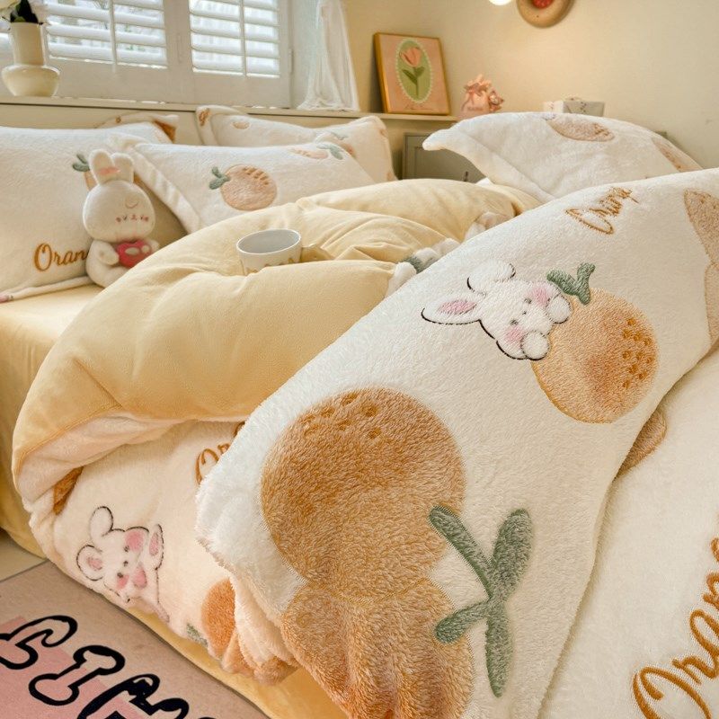 冬卡通加厚保暖四件可爱橘子雪花绒少女心被宿舍三件,床上用品,学生床品套件,淘宝优惠券,粉丝福利购,淘宝优惠卷