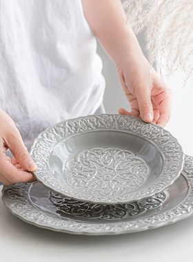 碗碟装法式复古餐盘西餐餐具高级灰色家用陶瓷浮雕盘子乔迁送礼
