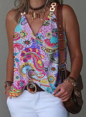 Womens Summer Simple V-neck Metal Buckle Printed Tank Top 2