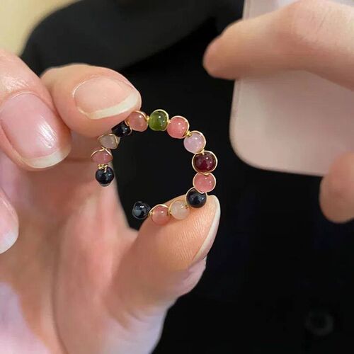 Natural Stone Rainbow Tourmaline Ring Fashion Retro Handmade