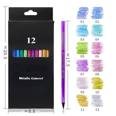 12 Color Metallic Colored Pencils Drawing Sketching Set Colo