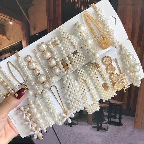 Simulated Pearl Barrettes Beaded Geometric Women Hair Clip H
