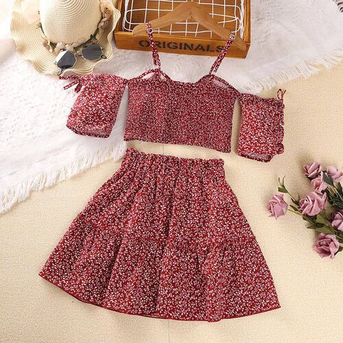 Girls Sets 8-12 Years Little Girl Red Floral Halter Top + Re