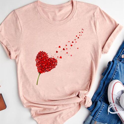 Watercolor Love Heart Sweet Fashion Short Sleeve Print T Shi