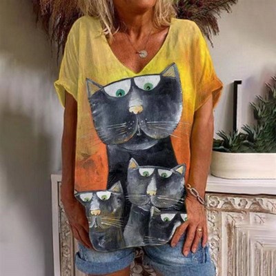 Summer Casual V-neck T-shirt Womens Cat Print Shirt Top Loo