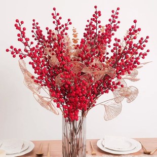 Artificial Red Berry Flowers Bouquet Fake Plant for Home Vas