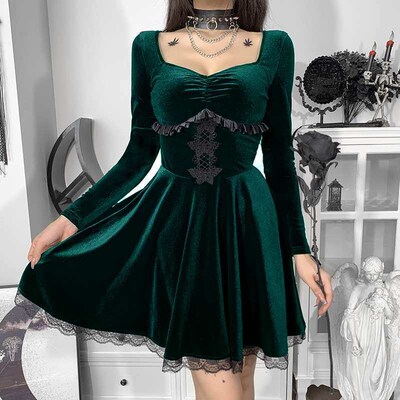 JY21482 Dark A Swing Lace Chest-revealing Long Sleeve Dress