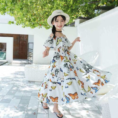 New Mid-Big Girls Wst Floral Butterfly Vacation Cotton Dres
