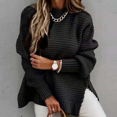 Womens Thread Loose Half High Neck Coarse Wool Sweater