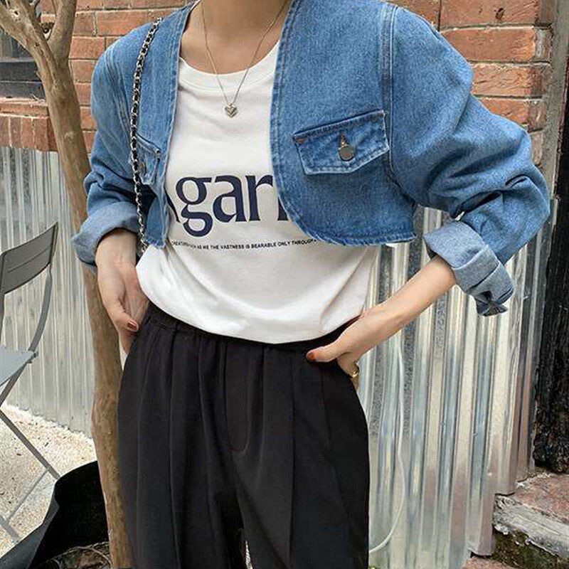 Short Denim Jaket Womens Spring Double Poket ollarless Long