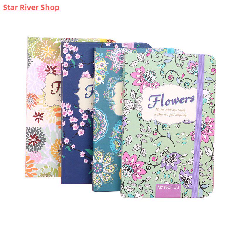 A6 small floral notebook with straps hardcover book hard cov - 实物图