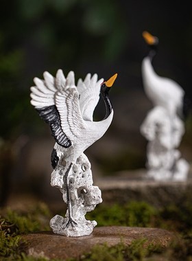 创意仙鹤送福摆件流水微景观假山盆栽鱼缸造景仿真小白鹤桌面装饰