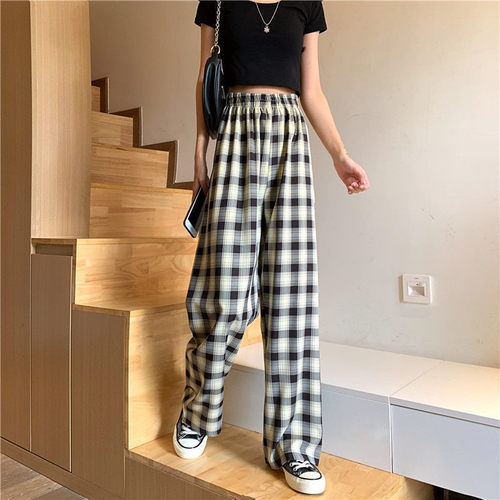 Vintage Plaid Women Pants High Waist Wide Leg Straight Pant