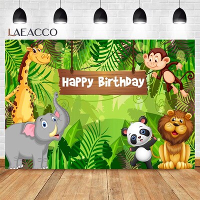 Laeacco Cartoon Safari Birthday Party Photo Backdrop Forest