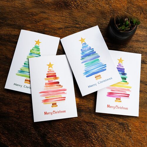 4 hand drawn Christmas greeting cards with envelopes