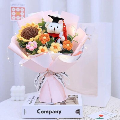 Crochet Flower Bouquet with Light Hand-Knitted Sunflower
