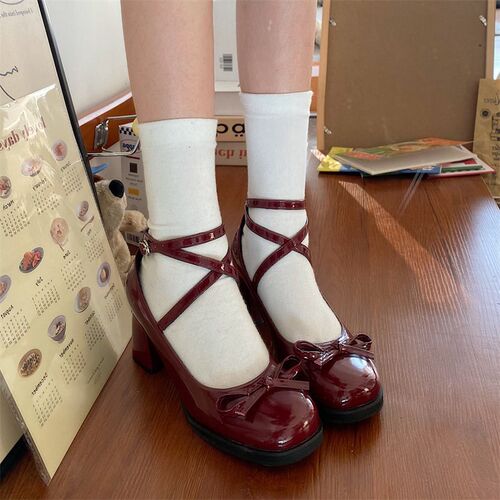 Red Mary Jane Women Pumps Thick High Heels Shoes Female Loli