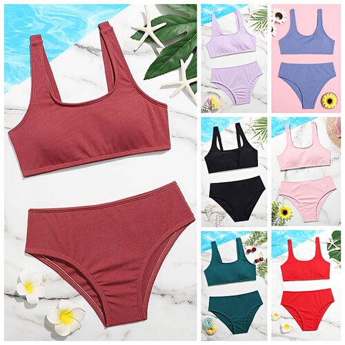 Solid Girl Swimsuit Kids Ribbed High Waist Bikini Set Two Pi