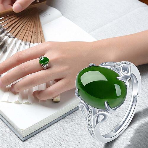 -Green agate open ring simple retro diamond ring men and wom