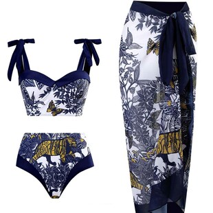With Female Skirt Swimsuit Printed Waist Bikini High