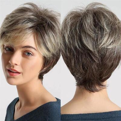 Short Pixie Cut Wigs For Women Brown Mixed Blonde Wigs With