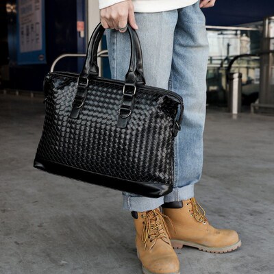 Mens bag Knitting Leather briefcases Solid black Woven Lapt