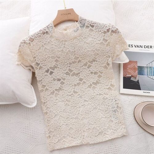 Women Lace Blouses Shirts Sexy Hollow Out Short Sleeve Solid