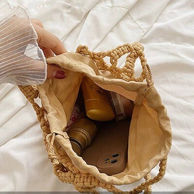 Summer Beach Bag For Women Mesh Rope Knitted Bucket Shoulder