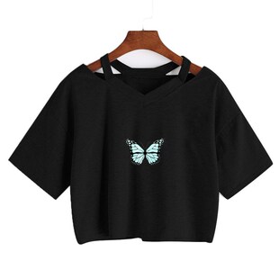 Summer Women Gothic Sexy T-Shirts Butterfly Crop Top Girls S