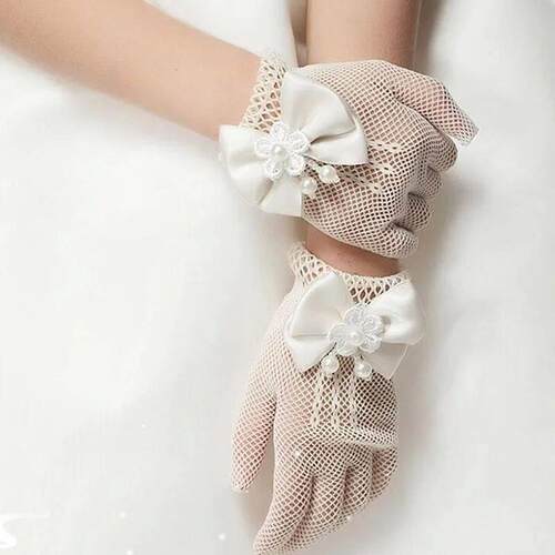 1 Pair Girls Kids White Lace Faux Pearl Fishnet Gloves mmuni