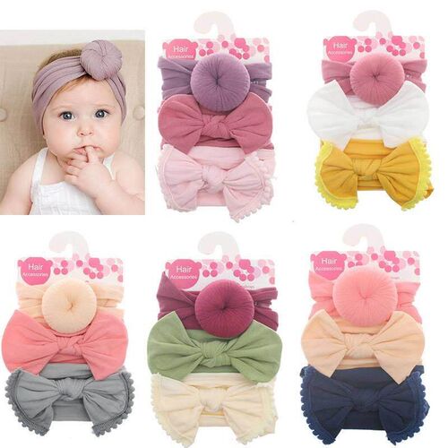 3Pcs/Set Solid Color Soft Nylon Elastic Baby Headband Bows K