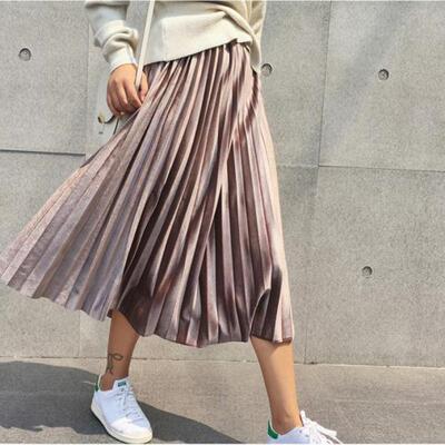 Spring 2020 Women Long Metallic Silver Maxi Pleated Skirt Mi