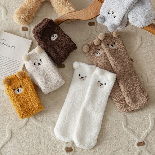 Women Socks 2022 Winter Cute Bear Coral Fleece Fuzzy Socks F