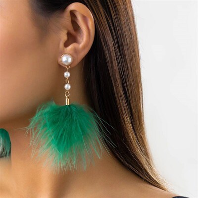 IngeSight.Z Exaggerated White Feather Pearl Tassel Drop Earr