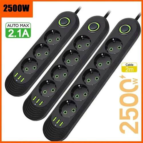 EU Plug AC Outlet 2500W Multiports Power Strip with 3USB Por
