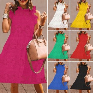 Lace Dress 2021 VONDA Summer Cotton Ruffled Neck Hollow Out