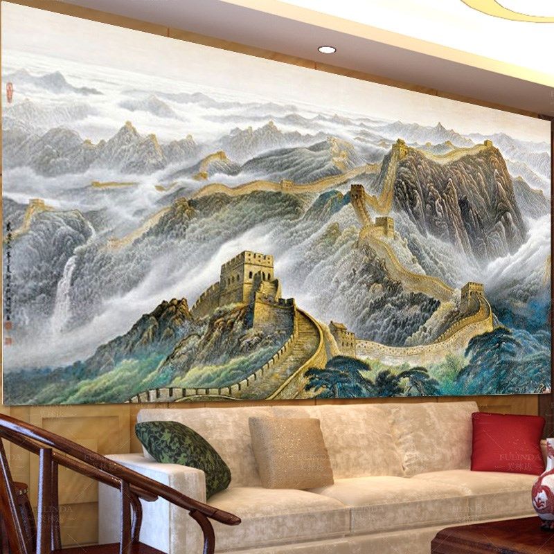 万里长城壁画3D立体电视背景墙纸墙布宣绒布客厅书房装修壁纸壁布