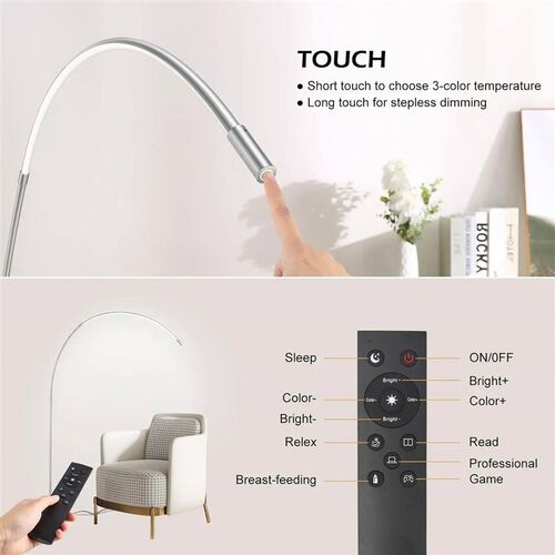 LED Arc Floor Lamp for Living Room, Silver Modern Standing L