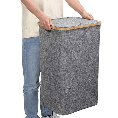AT69 -Clothes Hamper with Lid,Bamboo Dirty Laundry Baskets w