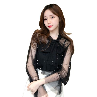 Hot Sales Summer Long Flare Sleeve Bow Tie Mesh Blouses Wome