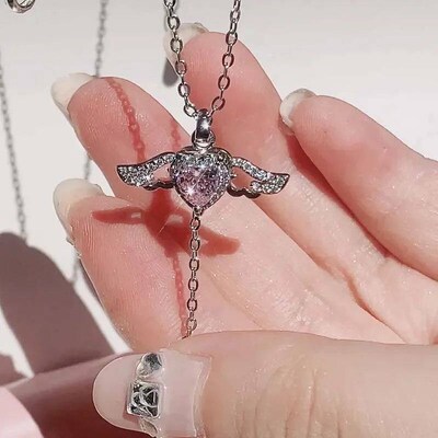 Korean Vintage Goth Fairy Pink Zircon Peach Heart Wings Ange