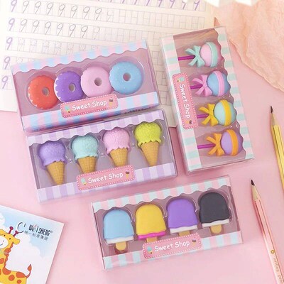 4pcs Yummy Icecream Erasers Set Mini Lollipop Dessert Popsic