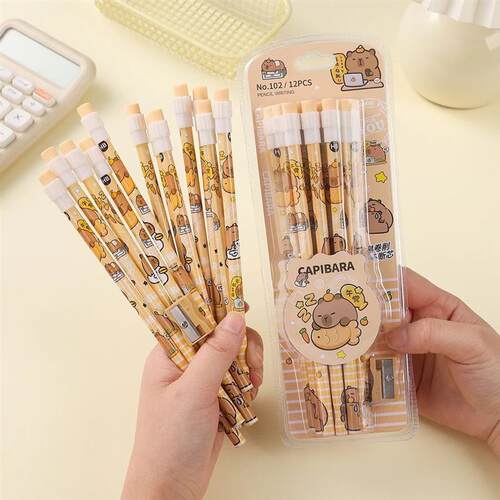 Capybara HB Pencils Set 12 Cute Cartoon Pencils & Sharpener