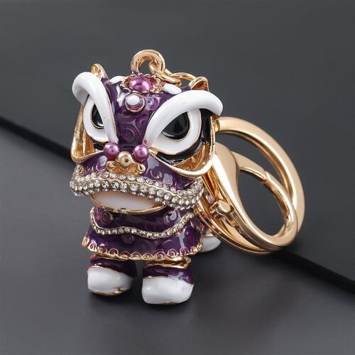 Chinese Style Alloy Enameled Diamond Lion Dance Keychain Met