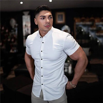 Summer Fashion Super Slim Fit Short Sleeve Shirts Men Classi