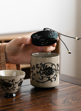 民窑雕花小号茶叶罐复古风磁州窑密封罐青灰釉陶瓷家用中式茶具