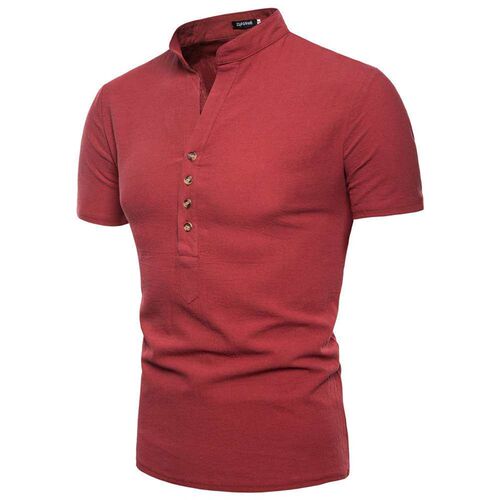 Summer new mens summer short-sleeved shirt linen solid colo