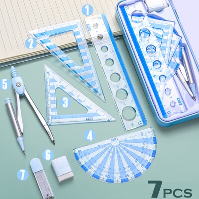7Pcs/Set Ruler Compass with Metal box Geometry Maths Drawing