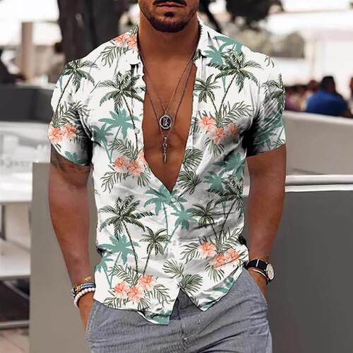 Hawaiian Shirt Male Henry Shirt Holiday Casual Tee ops Short