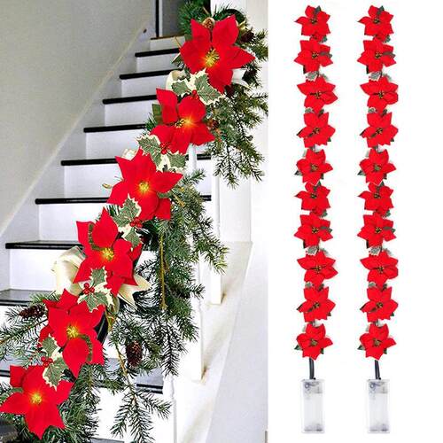 Poinsettia Christmas Flowers Garland String Lights Tree Orna